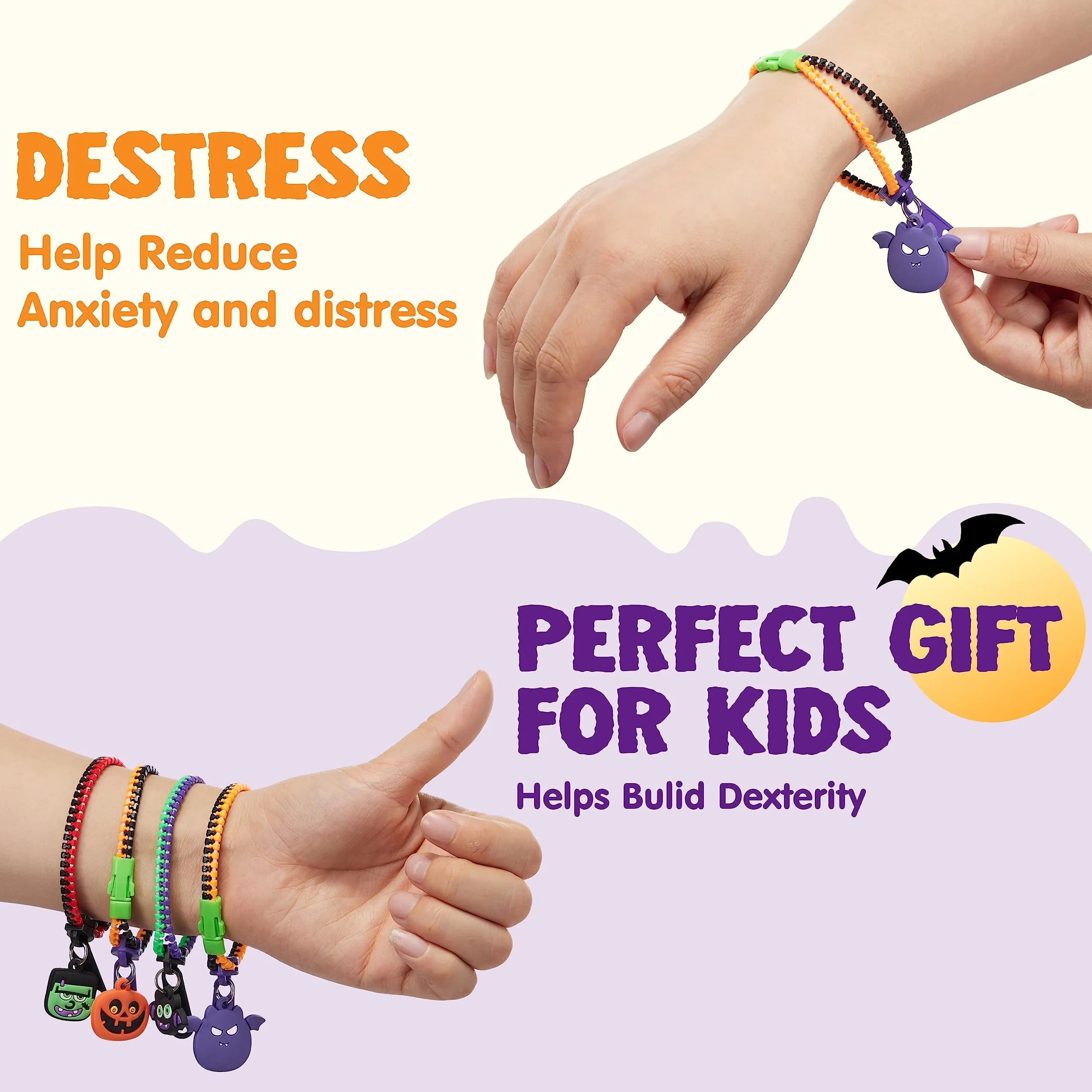 60 PCS Halloween Zipper Bracelets Bulk Set - Zipper Wristbands Party Favors for Kids