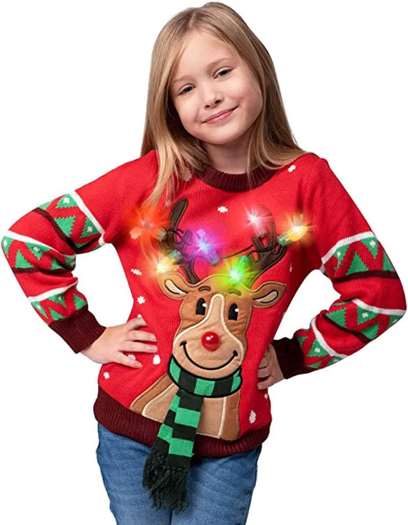 Kids LED Light-Up Red Christmas Sweater with Reindeer