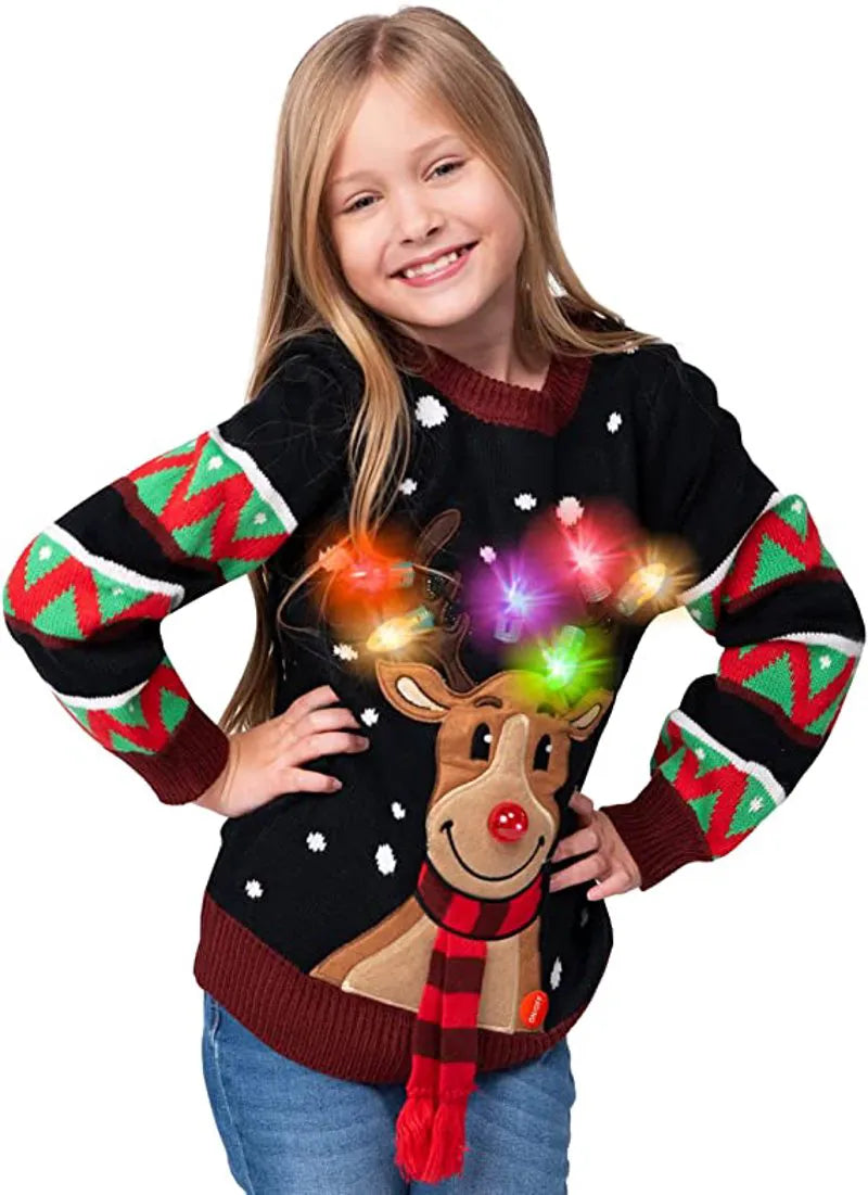 Kids' Black Reindeer Ugly Christmas Sweater with Light Bulbs