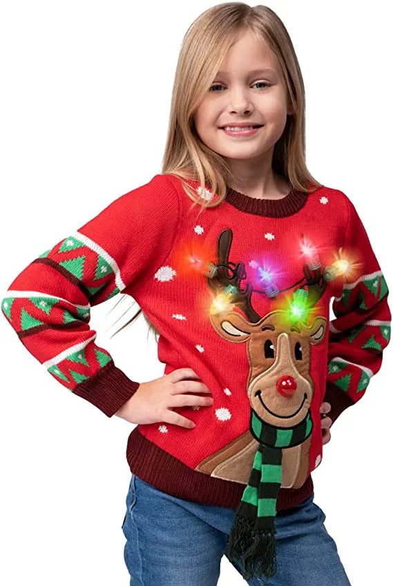 Kids LED Light-Up Red Christmas Sweater with Reindeer
