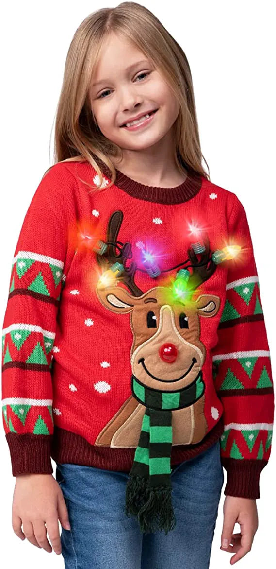 Kids LED Light-Up Red Christmas Sweater with Reindeer
