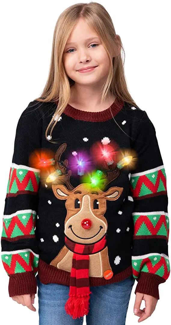 Kids' Black Reindeer Ugly Christmas Sweater with Light Bulbs