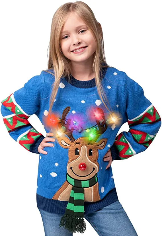 Kids' Reindeer Ugly Blue Sweater with Light Bulbs