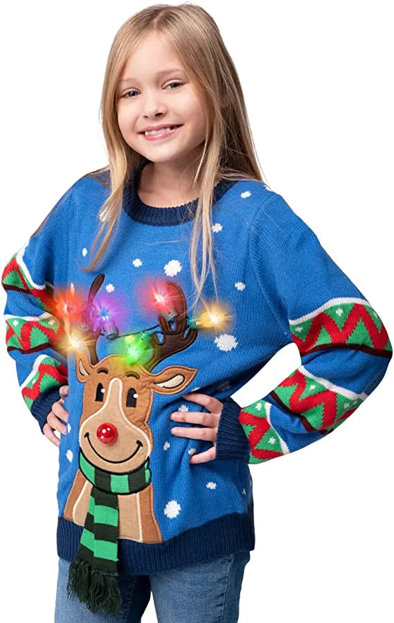 Kids' Reindeer Ugly Blue Sweater with Light Bulbs