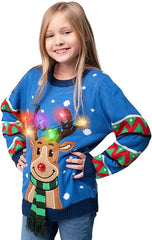 Kids' Reindeer Ugly Blue Sweater with Light Bulbs