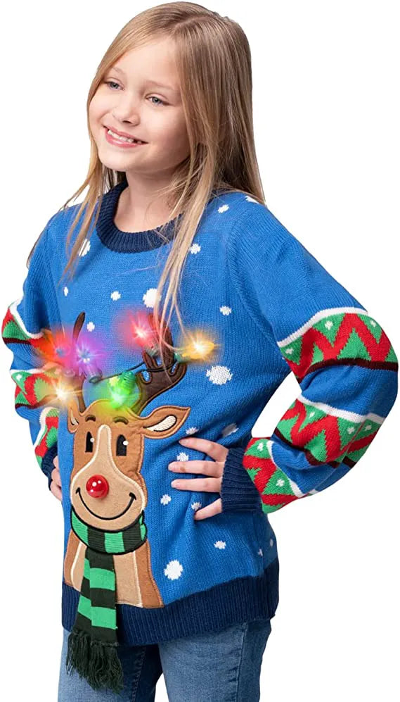 Kids' Reindeer Ugly Blue Sweater with Light Bulbs