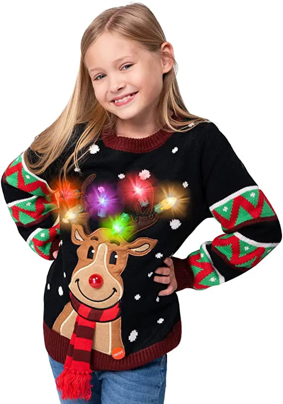 Kids' Black Reindeer Ugly Christmas Sweater with Light Bulbs