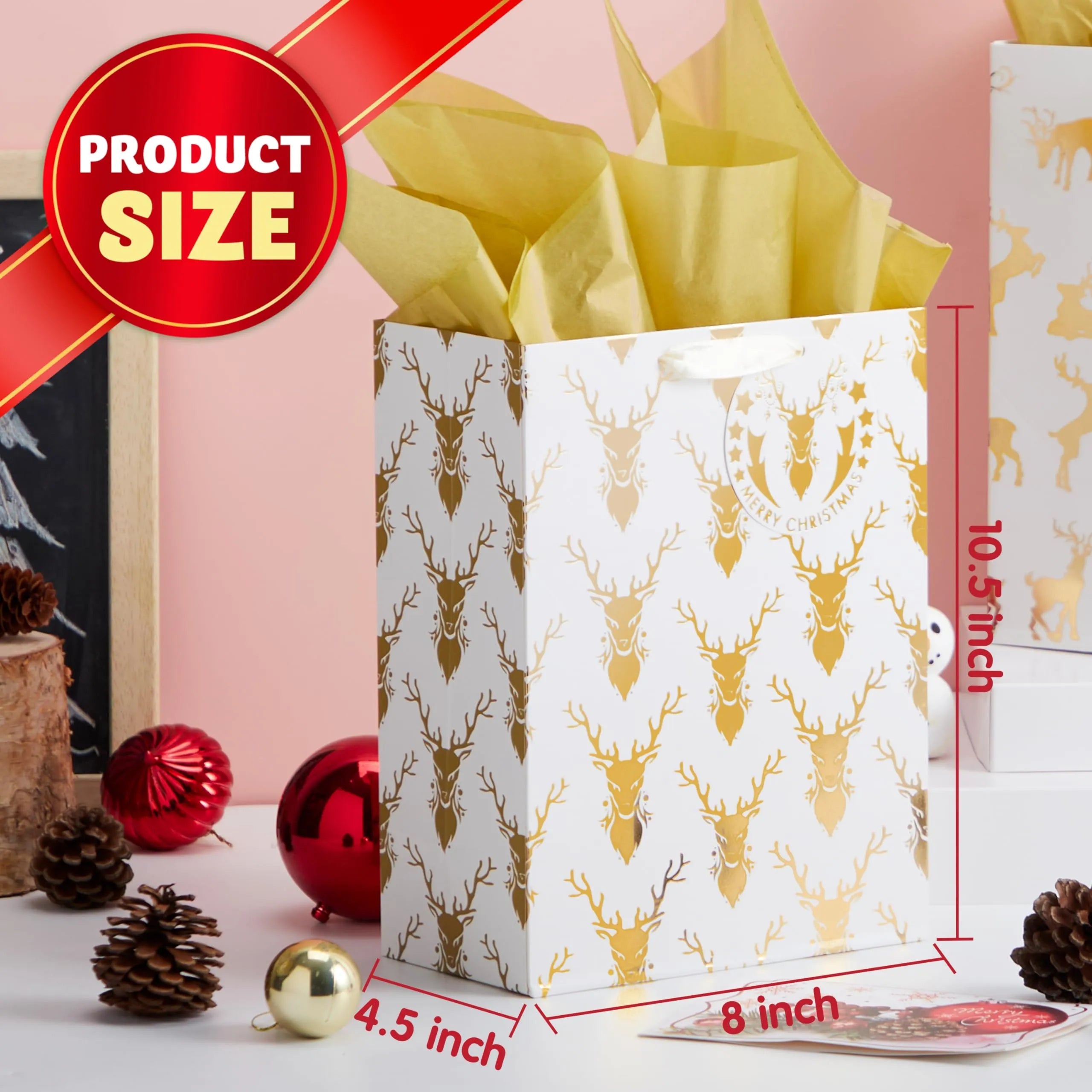 6 Pack Christmas Foil Gift Bags - Gold, 8 x 4.5 x 10.5 Inches