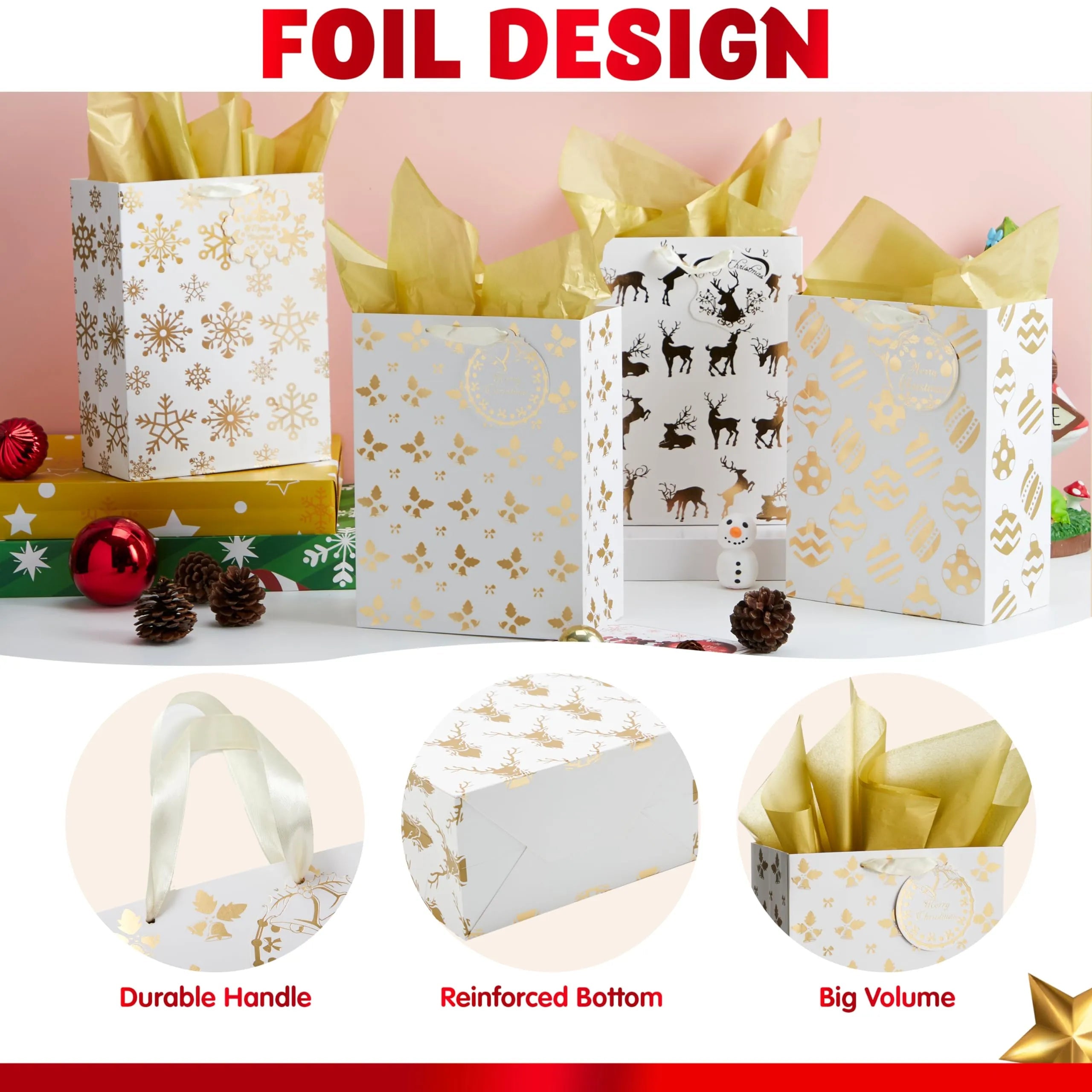 6 Pack Christmas Foil Gift Bags - Gold, 8 x 4.5 x 10.5 Inches