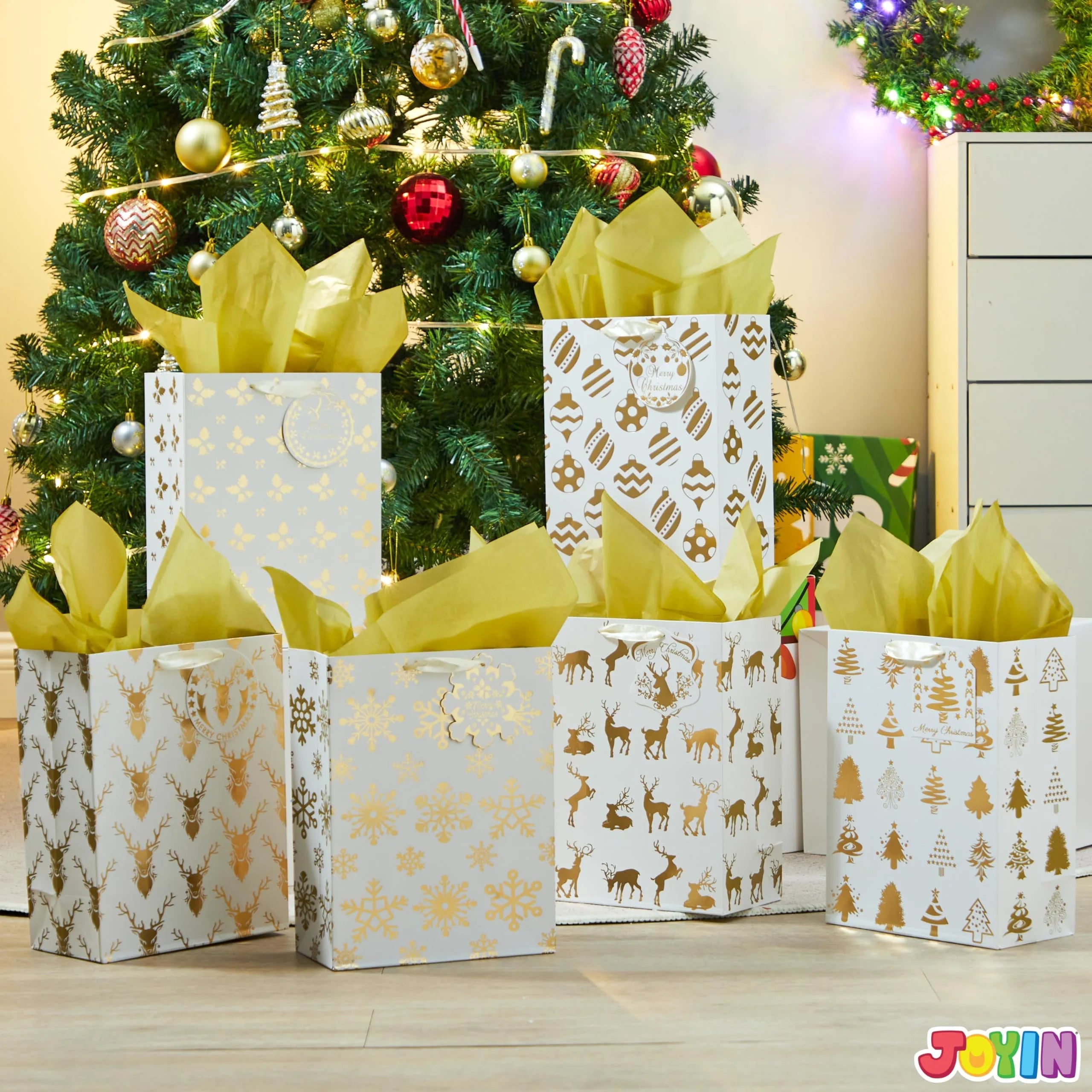 6 Pack Christmas Foil Gift Bags - Gold, 8 x 4.5 x 10.5 Inches