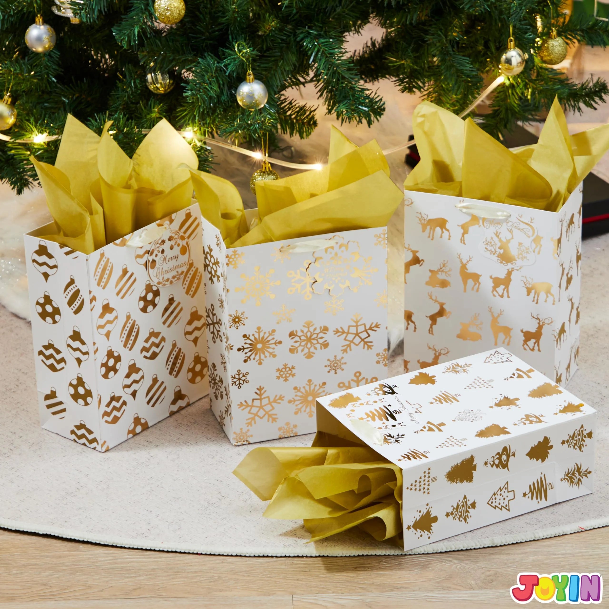 6 Pack Christmas Foil Gift Bags - Gold, 8 x 4.5 x 10.5 Inches
