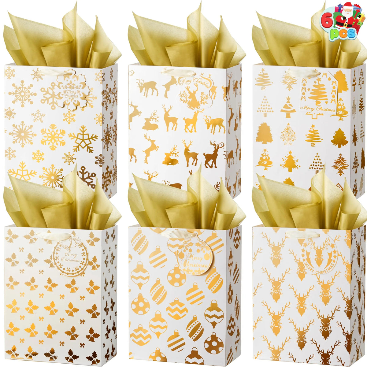6 Pack Christmas Foil Gift Bags - Gold, 8 x 4.5 x 10.5 Inches