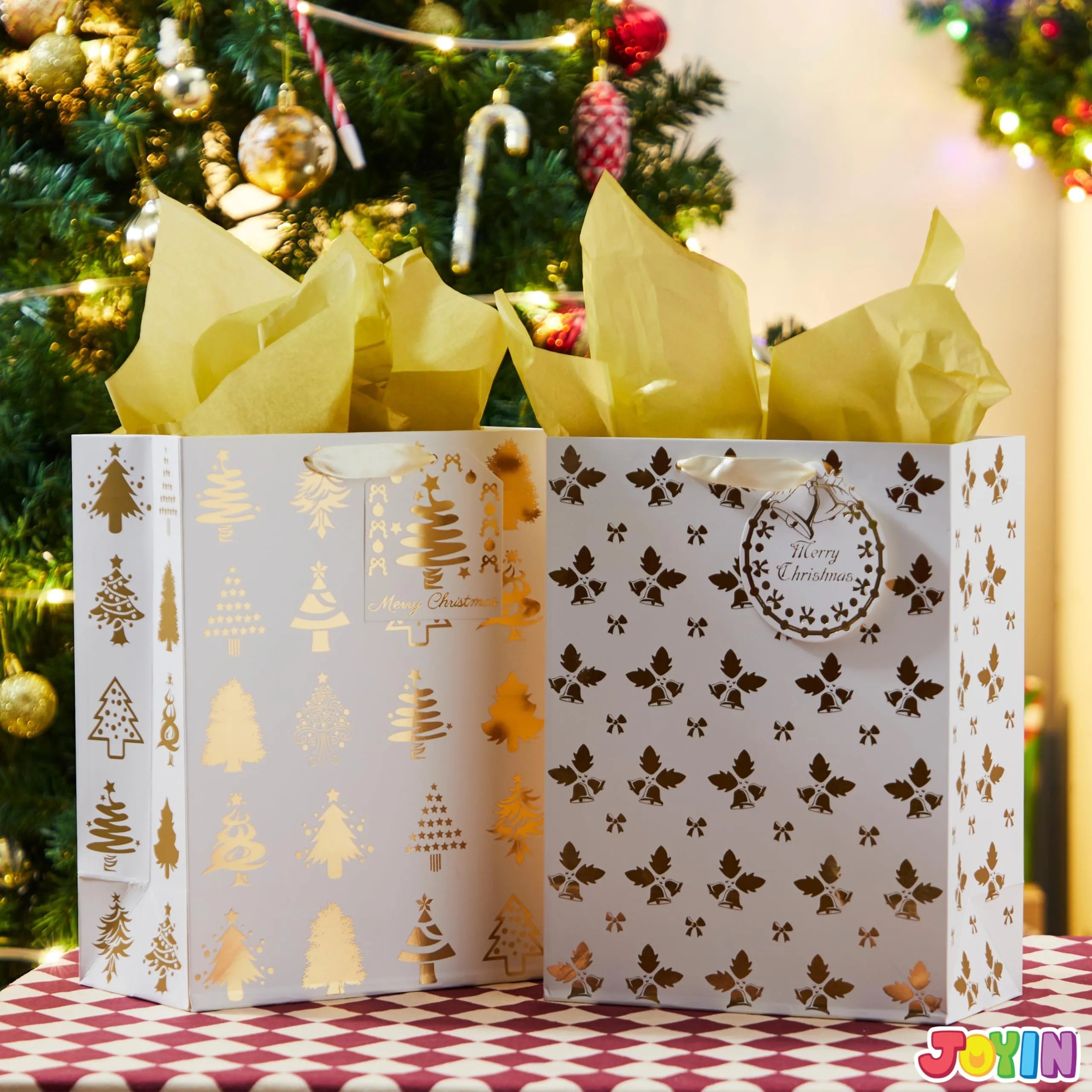 6 Pack Christmas Foil Gift Bags - Gold, 8 x 4.5 x 10.5 Inches