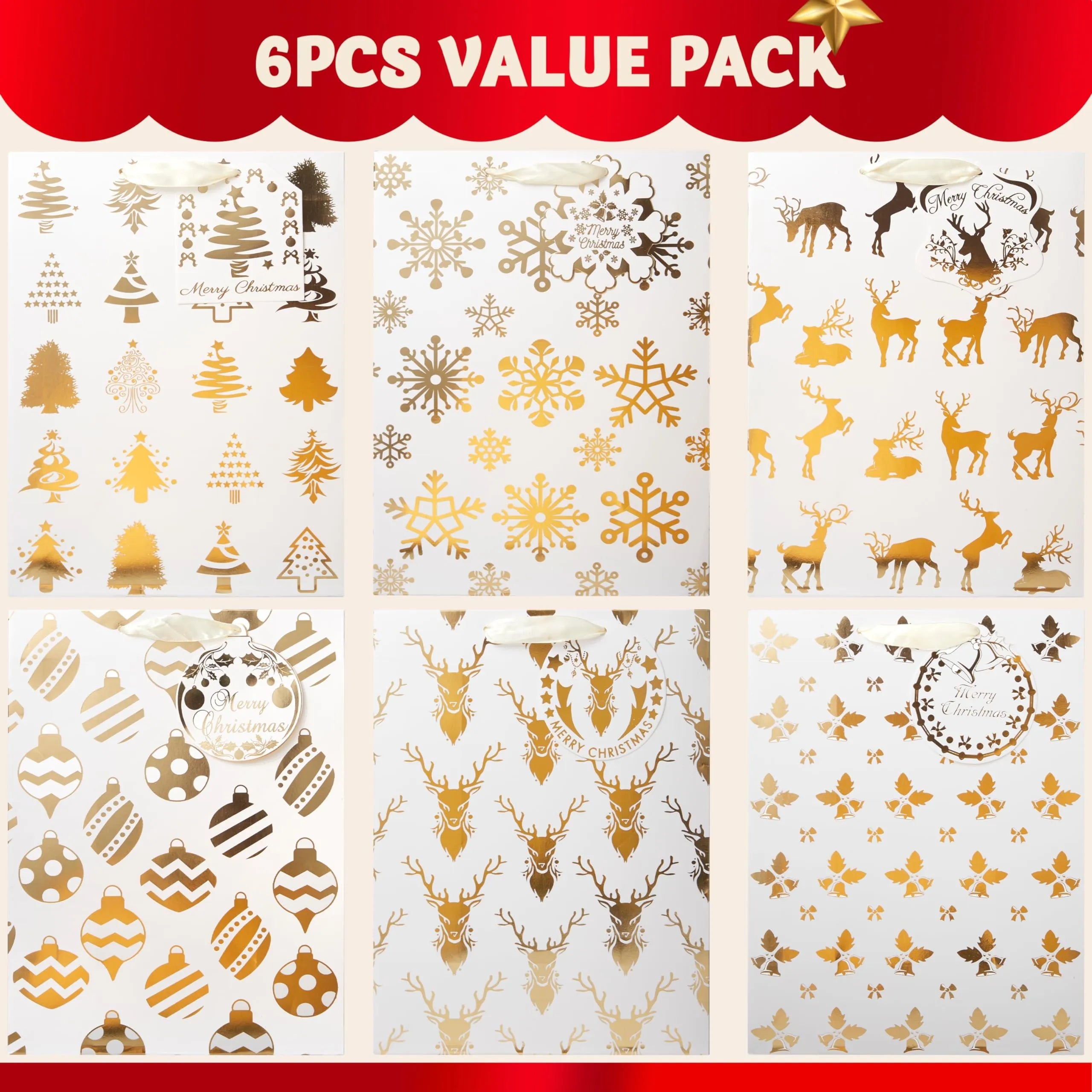 6 Pack Christmas Foil Gift Bags - Gold, 8 x 4.5 x 10.5 Inches