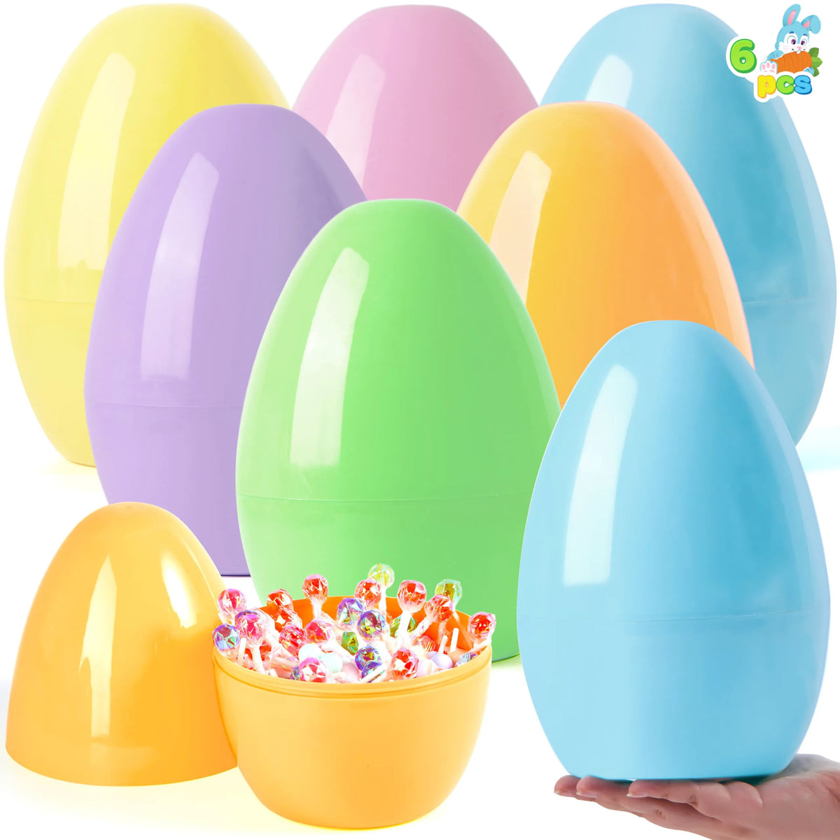 6 Pastel Jumbo Plastic Easter Eggs - Fillable for Hunt Party Favors