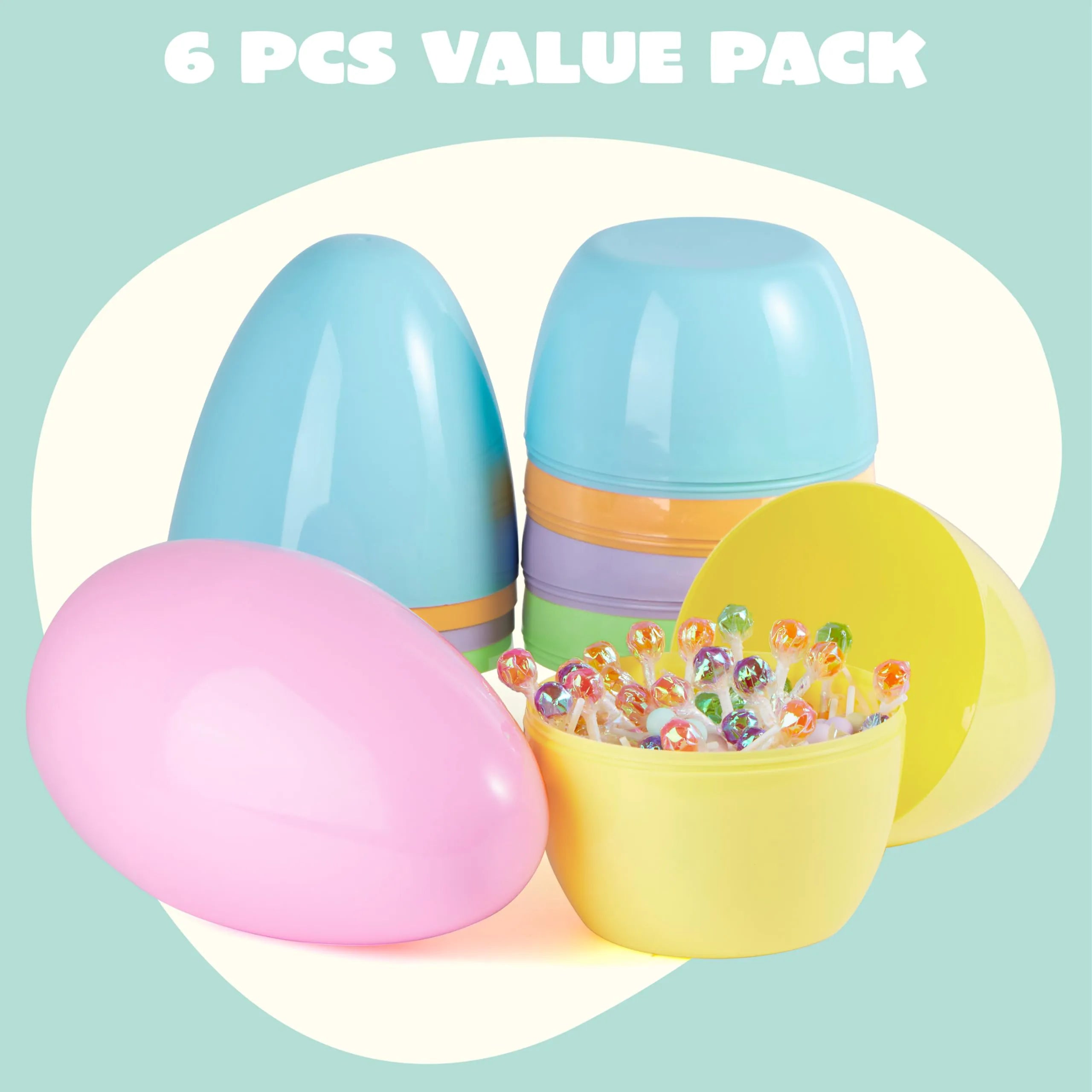 6 Pastel Jumbo Plastic Easter Eggs - Fillable for Hunt Party Favors