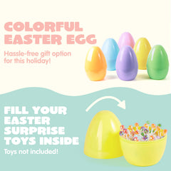 6 Pastel Jumbo Plastic Easter Eggs - Fillable for Hunt Party Favors