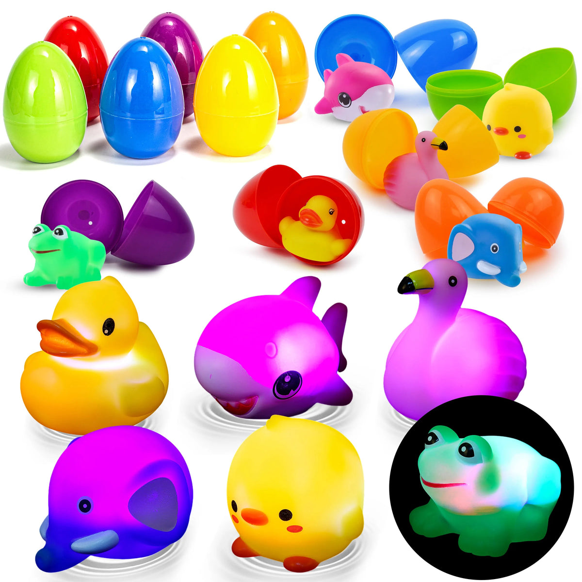 6 Light-Up Bath Toys with 3.2-Inch Prefilled Easter Eggs for Easter Egg Hunt