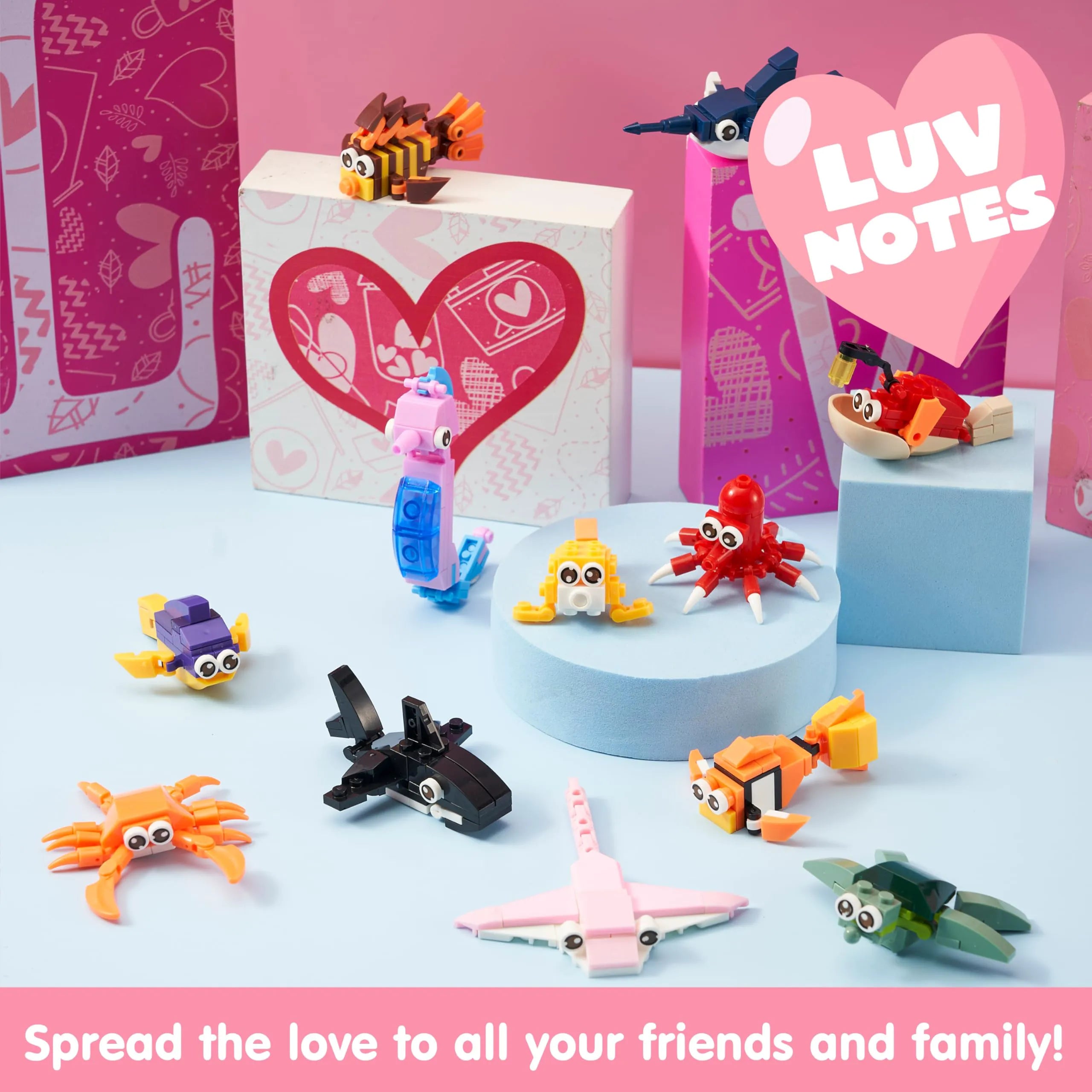 24 Packs Valentines Day Cards with Ocean Animal Building Block for Party Gifts