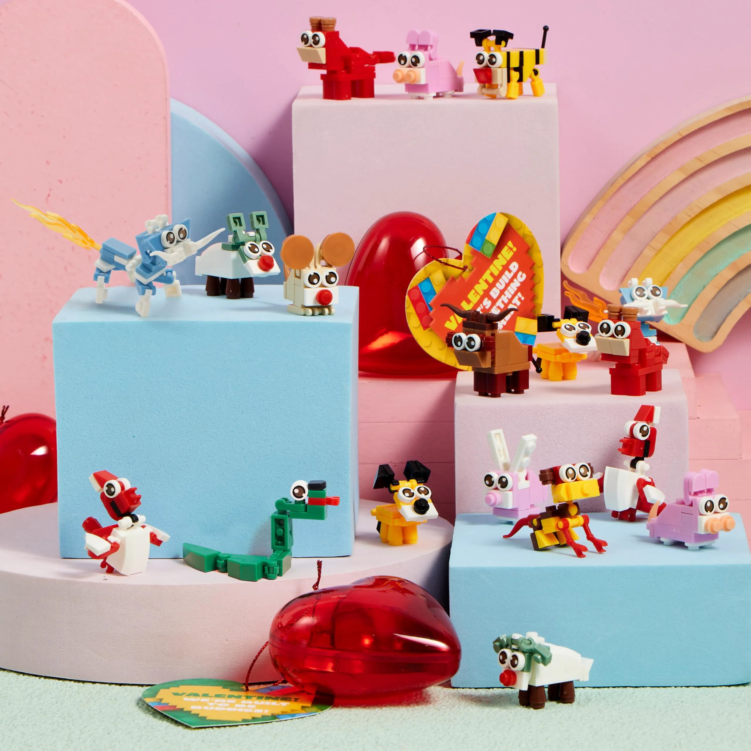 26 Building Blocks Animals with Prefilled Hearts and Kids Valentine's Cards