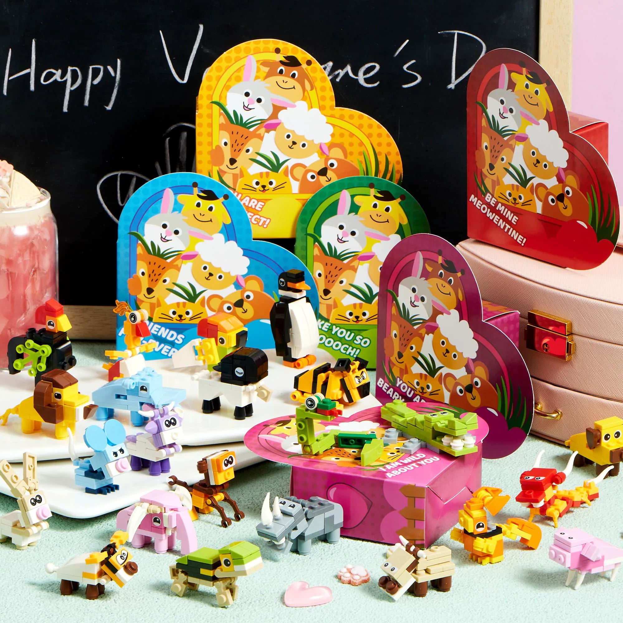 Valentine's Day Animal Building Blocks Heart Boxes with Cards for Kids