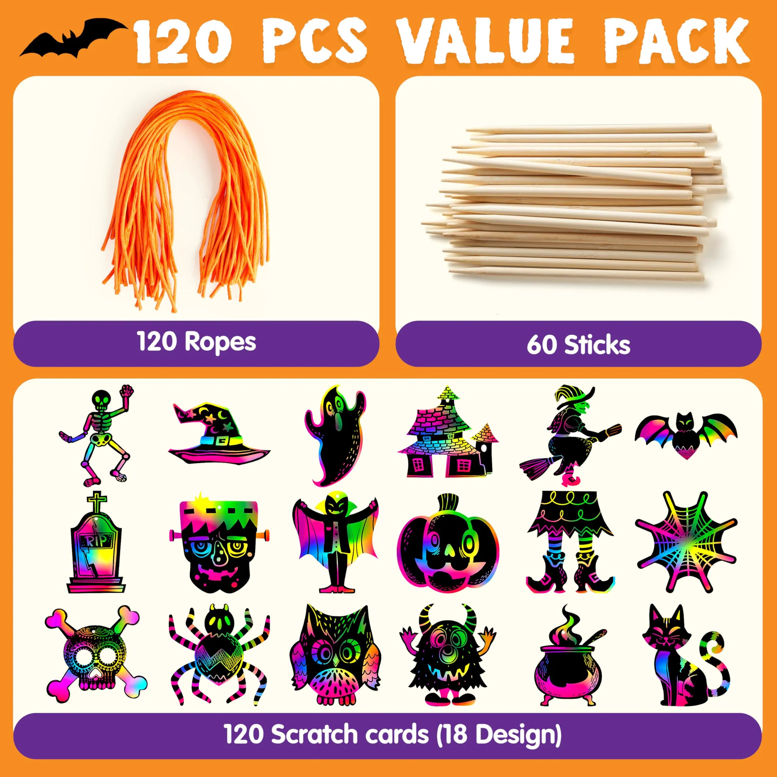 120 Pcs Halloween Rainbow Scratch Art Crafts for Kids
