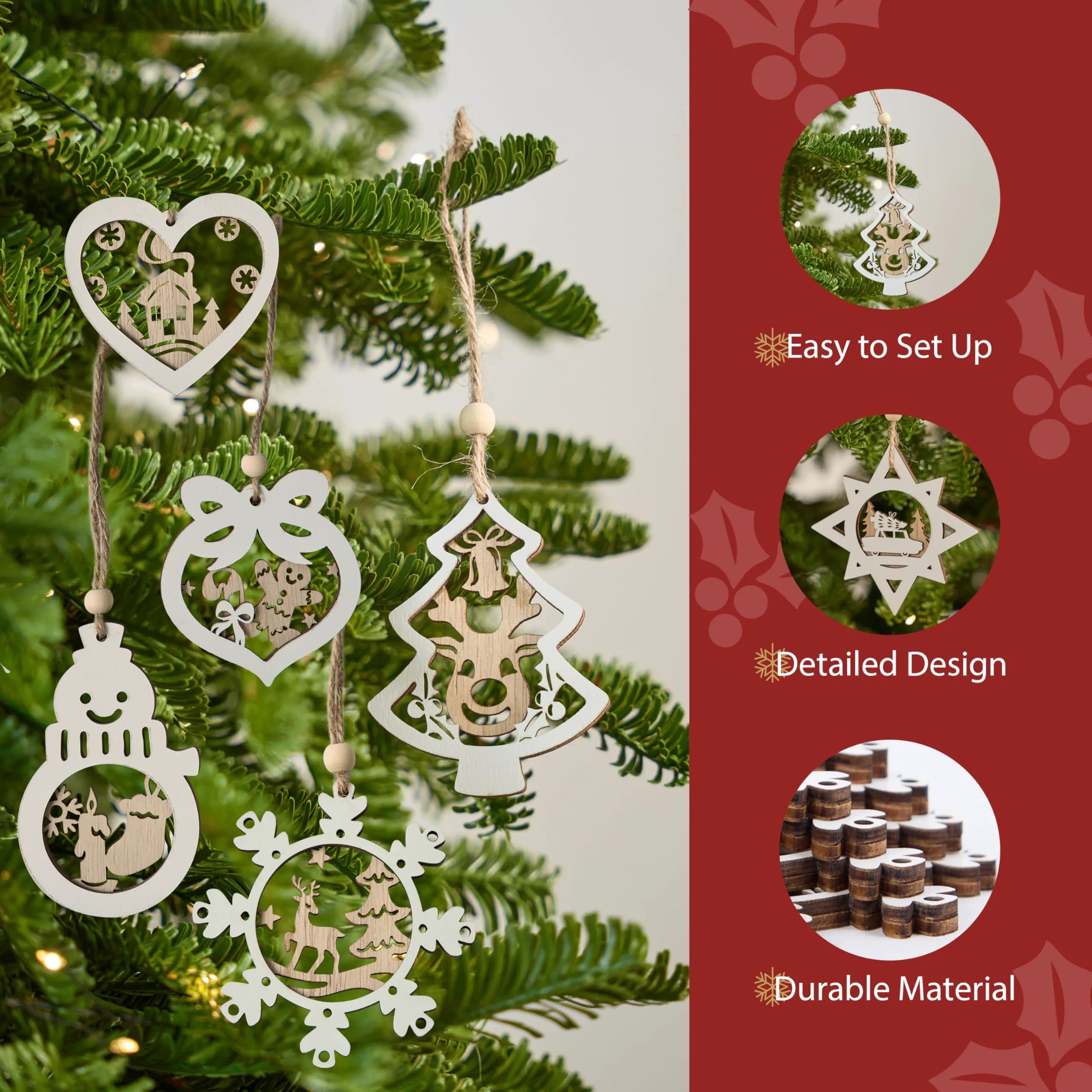 24 Pcs Christmas Wooden Carved Hanging Ornaments for Holiday Decor