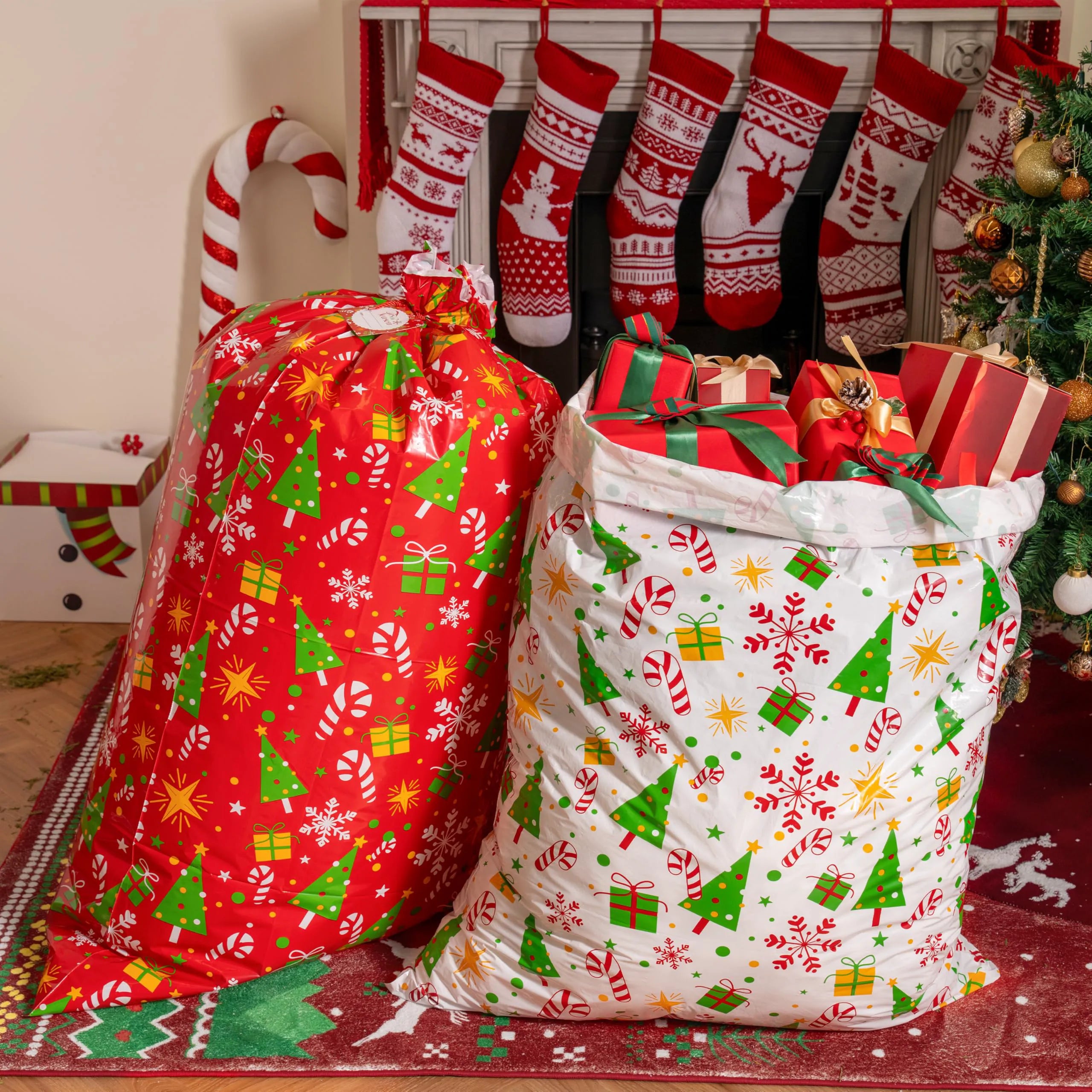 2-Pack Large Red & White Christmas Holiday Plastic Gift Bags