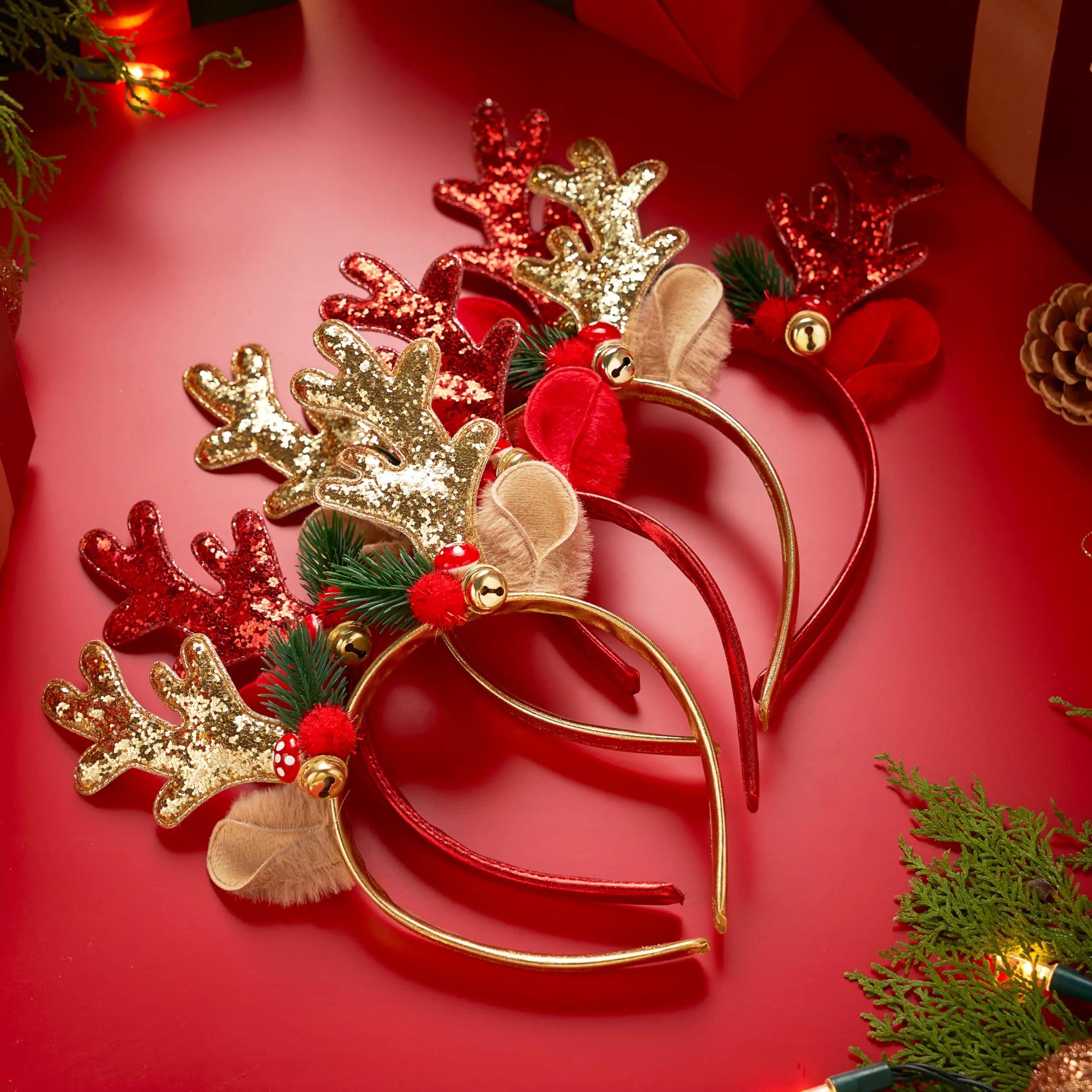 2 Pcs Golden & Red Reindeer Headbands with Glitter