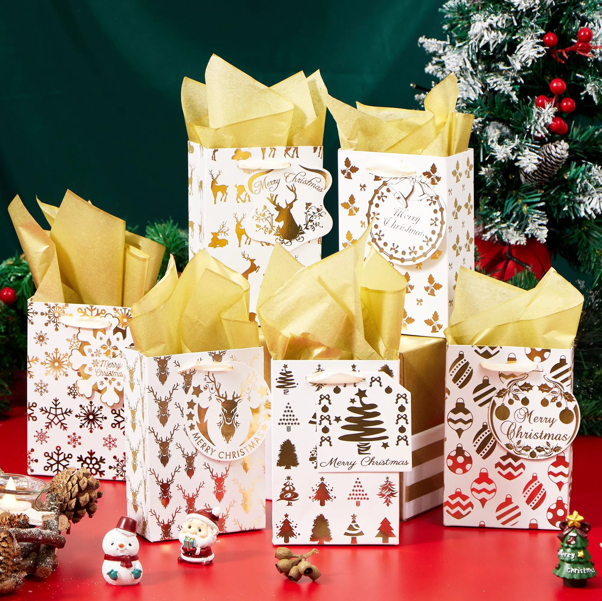 12 PCS Christmas Foil Gold Gift Bags with Tissue Paper and Name Card Tags