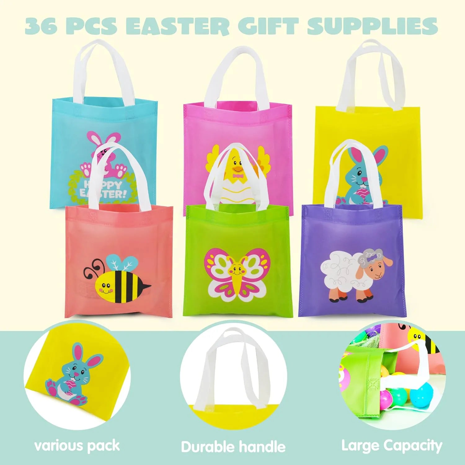 JOYIN 36 Pack Easter Non-Woven Gift Bags Cute Bunny Animal Easter Treat Bags for Kids Party Supplies Classroom Prizes