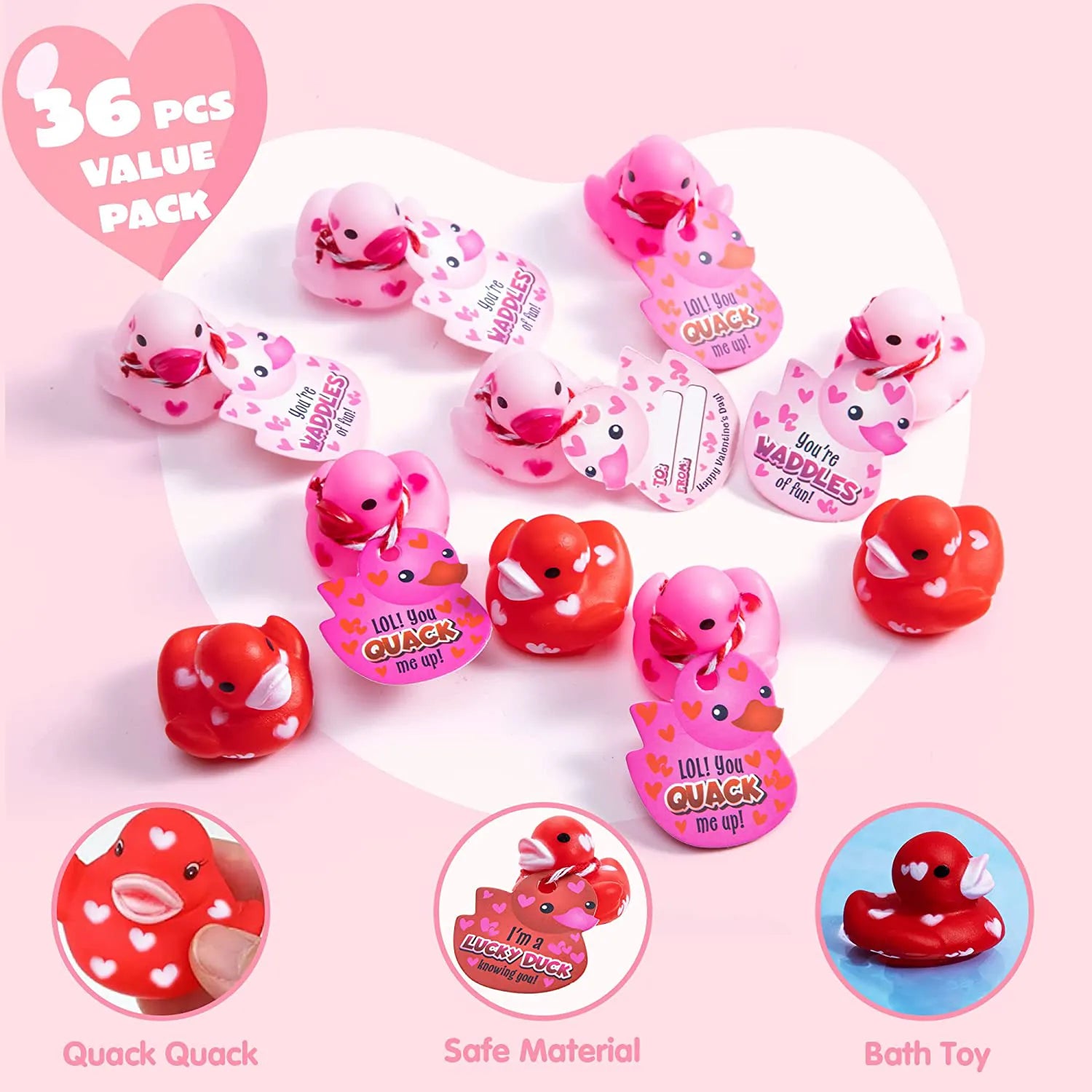 36 Pcs Kids Valentine's Day Cards with Rubber Ducks - Classroom Exchange Gifts