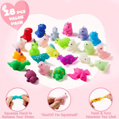 28-Pack Dinosaur Mochi Squishy Toys with Boxes - Valentine's Day Cards for Kids
