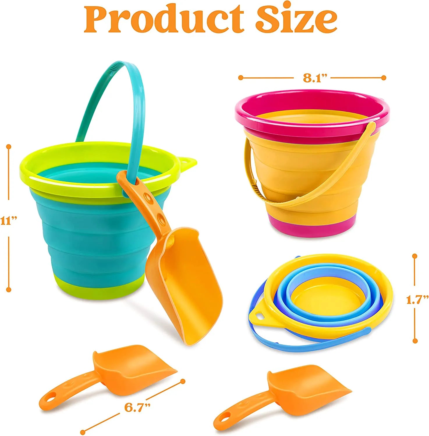 3 Pack Foldable Pail Buckets with Shovels (Bonus Mesh Bag)