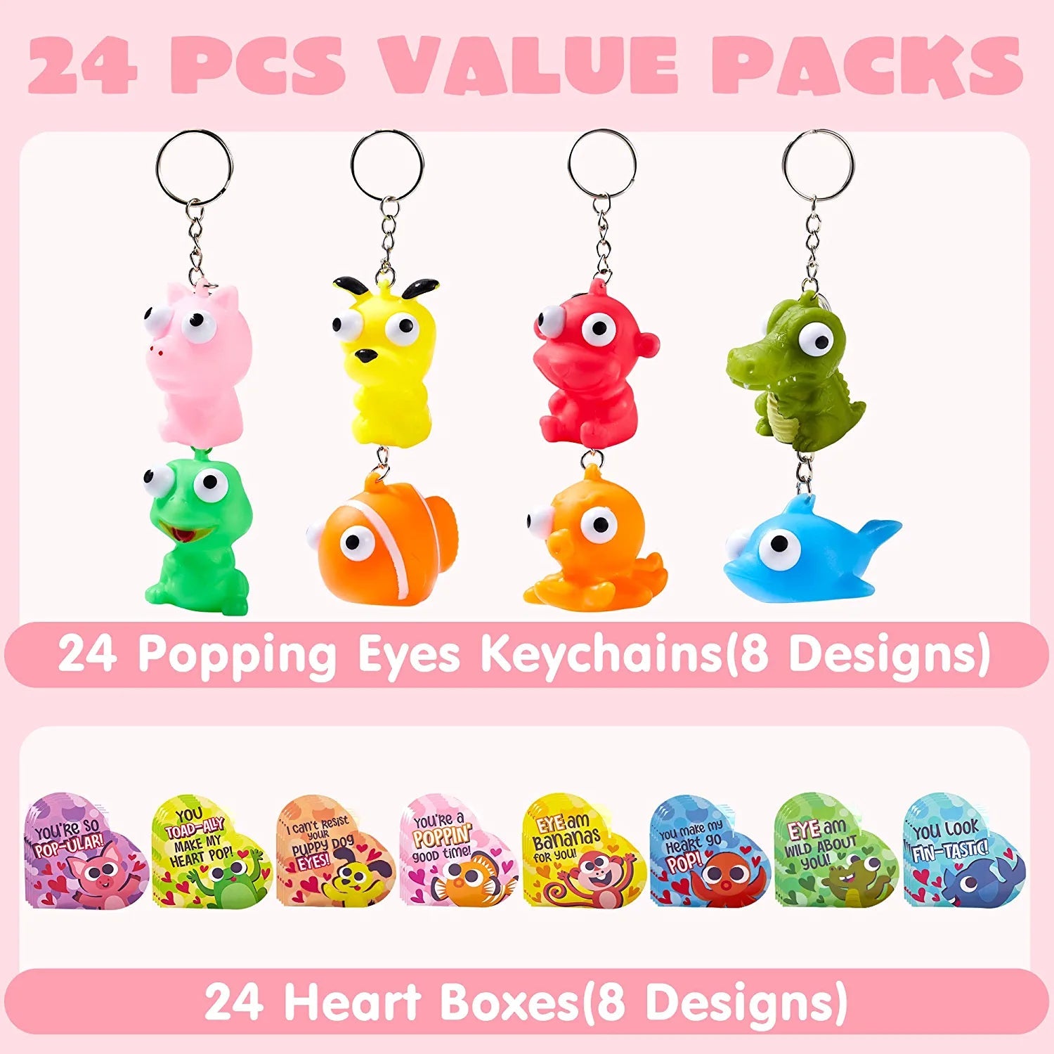24Pcs Kids Valentine's Cards with Bulging Eyes in Boxes - Classroom Exchange Gifts