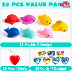 28-Pack Mochi Squishies with Valentine's Day Cards for Kids Classroom Exchange Gifts