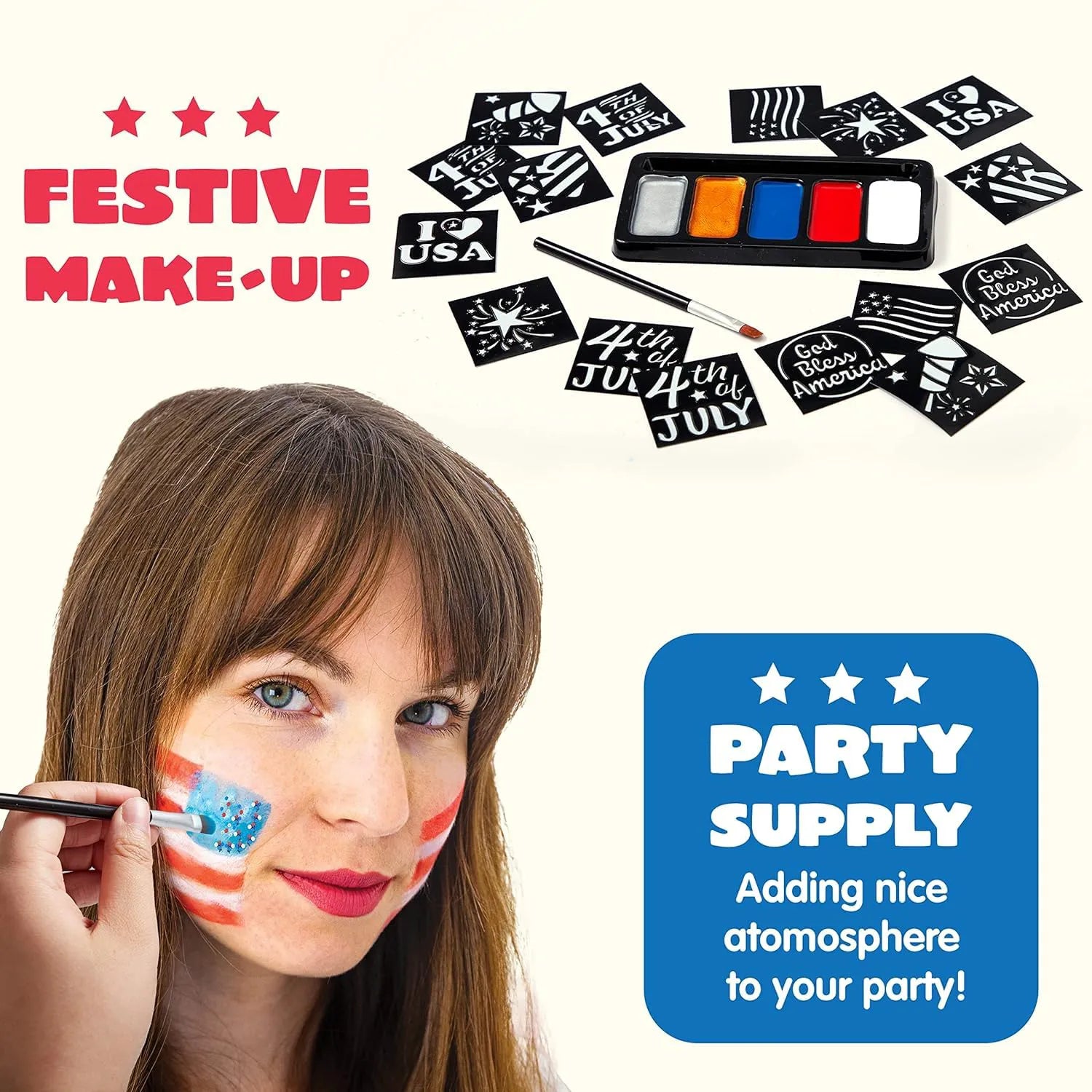 JOYIN 5-Color Patriotic Face & Body Paint Kit with Glitter and 16 Stencils - Red, White, Blue Makeup for 4th of July, Independence Day, Memorial Day, Veterans Day Parties