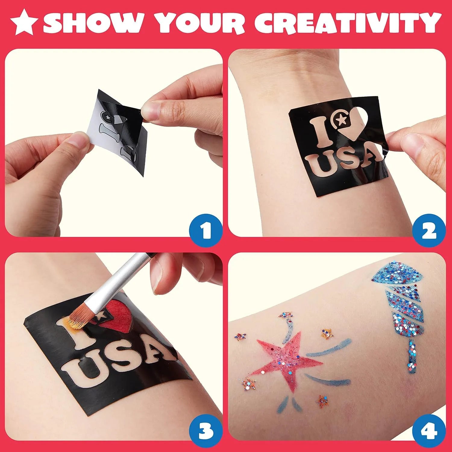 JOYIN 5-Color Patriotic Face & Body Paint Kit with Glitter and 16 Stencils - Red, White, Blue Makeup for 4th of July, Independence Day, Memorial Day, Veterans Day Parties