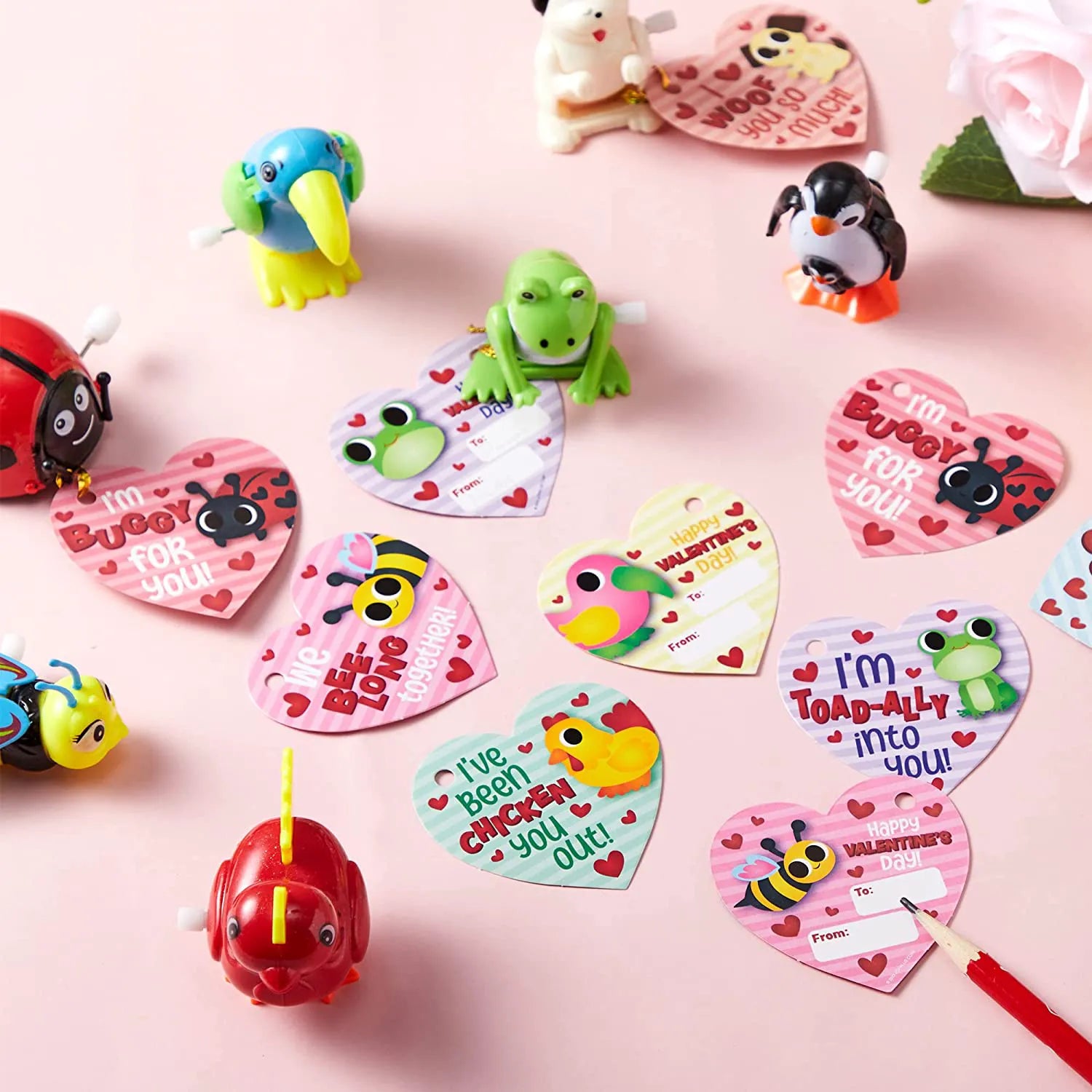 28-Pack Wind-Up Toys with Valentine's Day Cards for Kids' Party Favors