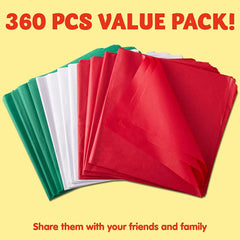 20in Holiday Tissue Paper Assortment (Red, Green & White), 360 Pcs