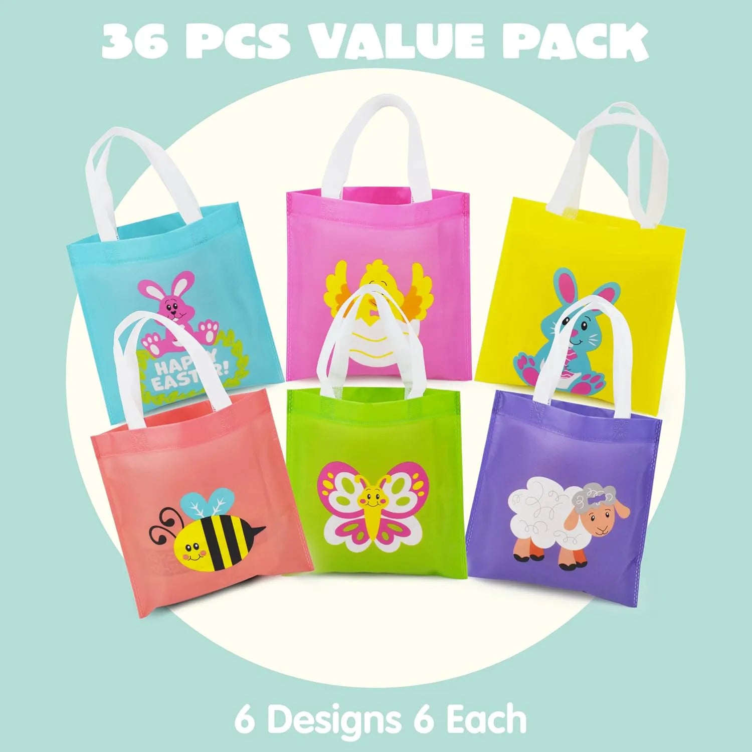 JOYIN 36 Pack Easter Non-Woven Gift Bags Cute Bunny Animal Easter Treat Bags for Kids Party Supplies Classroom Prizes