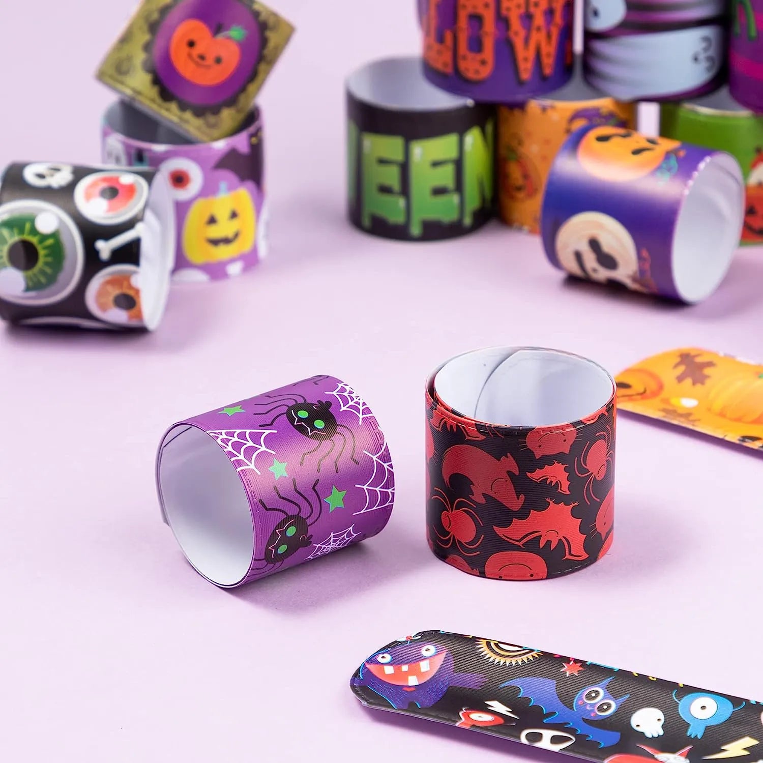 100 Pack Halloween Friendship Slap Bracelets for Kids