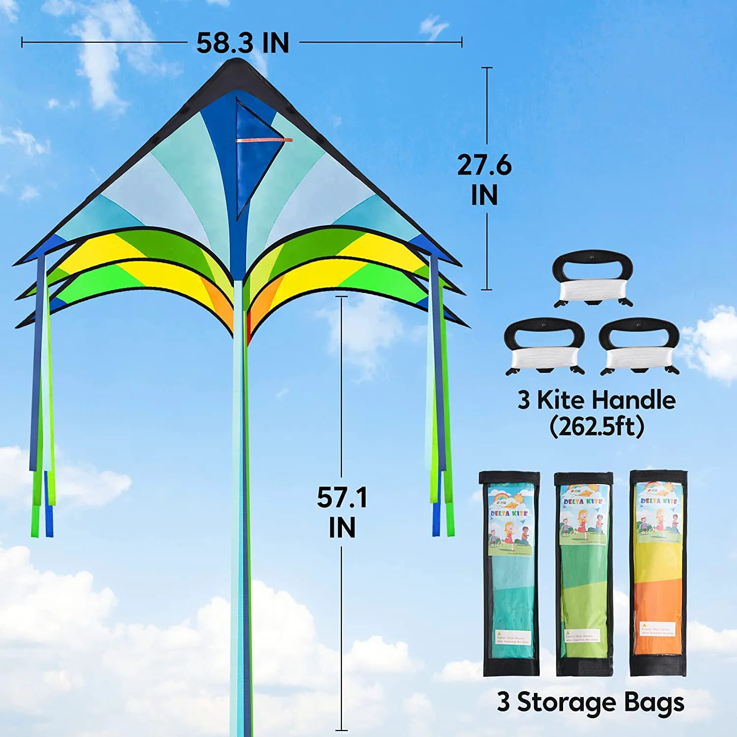 3-Pack Big Delta Kite Set (Green, Blue & Rainbow) with 262.5ft Kite String