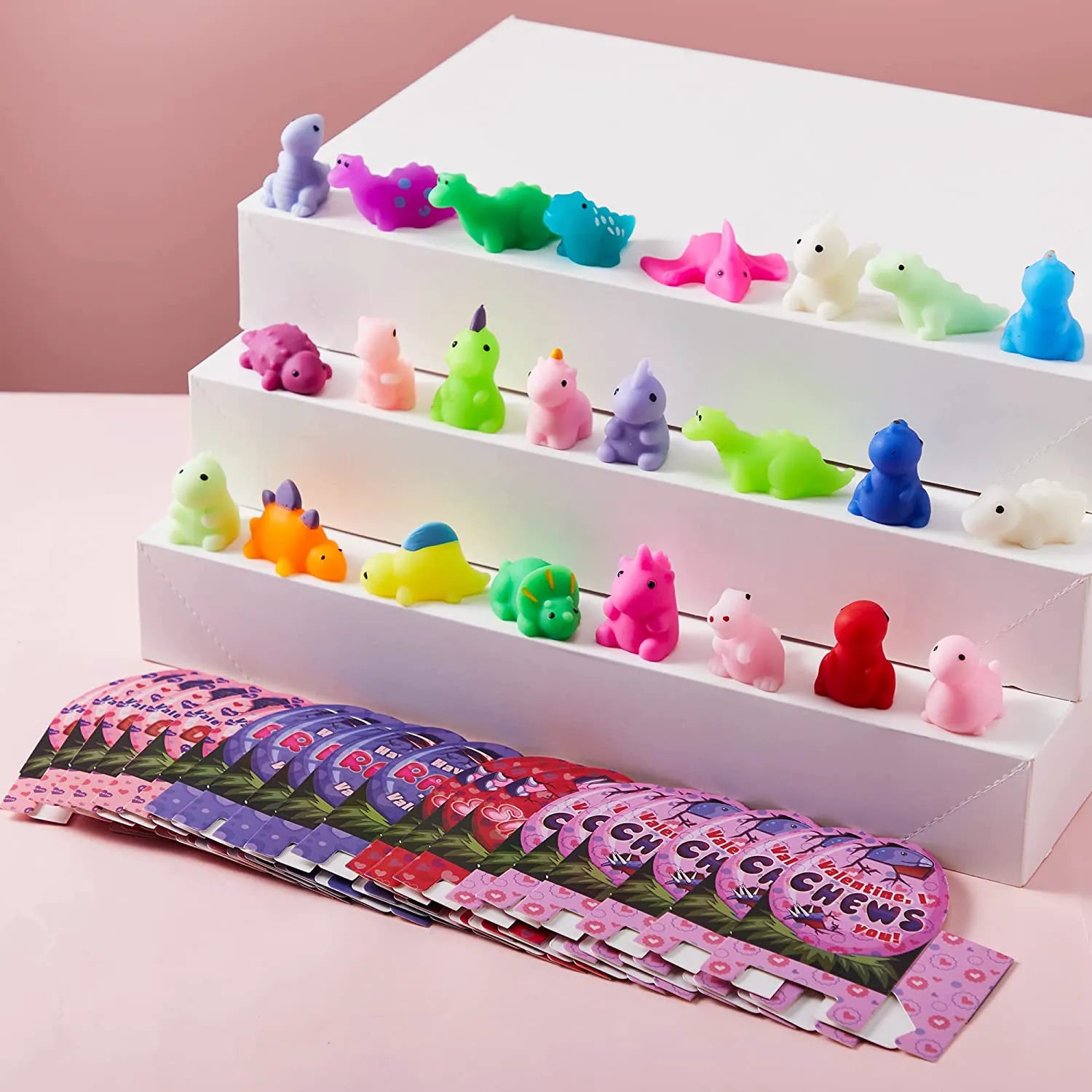 28-Pack Dinosaur Mochi Squishy Toys with Boxes - Valentine's Day Cards for Kids
