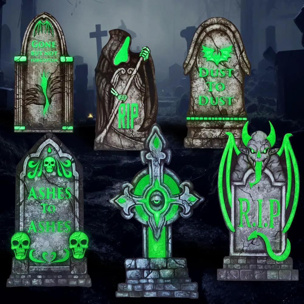 6-Pack 16-Inch Halloween Graveyard Tombstones, Glow in the Dark