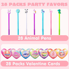 28Pcs Kids Valentine's Cards with Animal Pens - Classroom Exchange Gifts