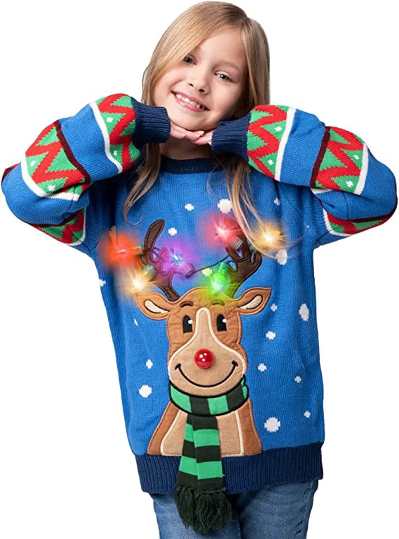 Kids' Reindeer Ugly Blue Sweater with Light Bulbs