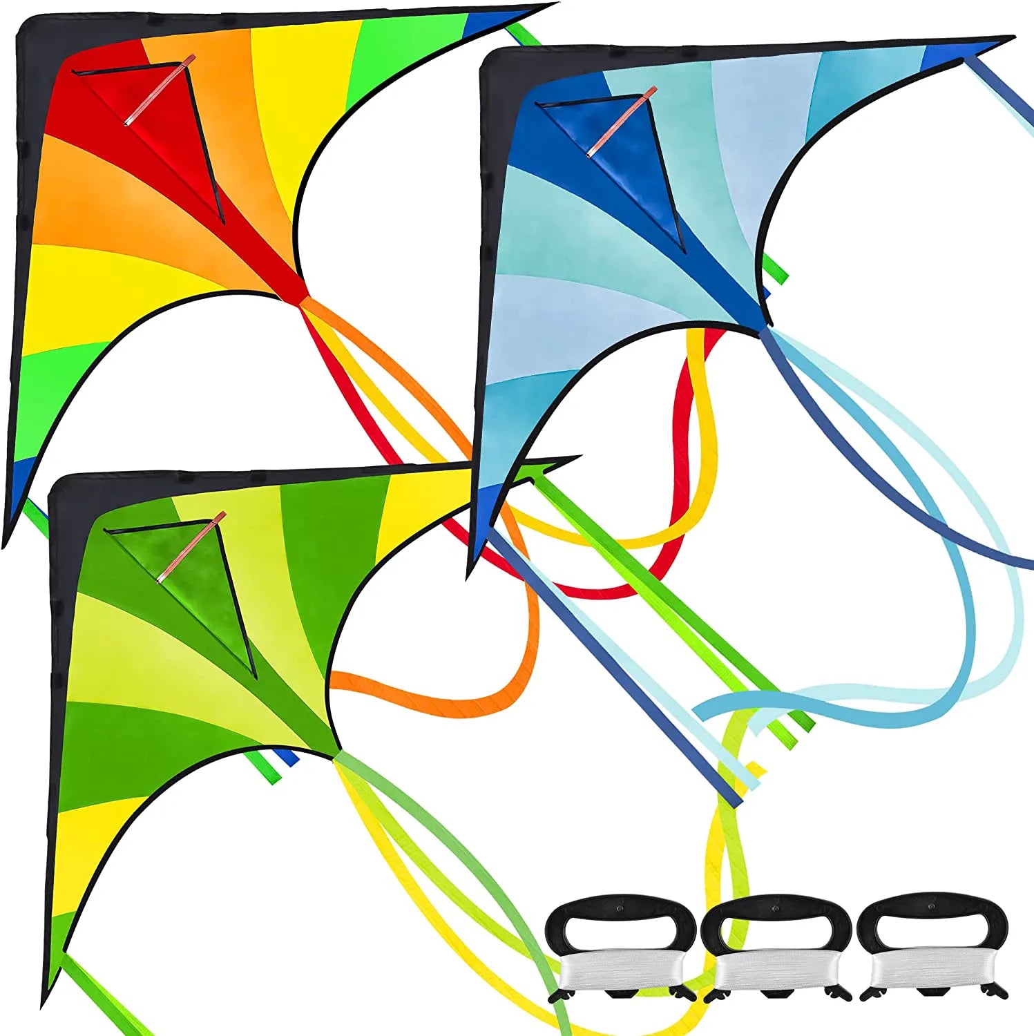 3-Pack Big Delta Kite Set (Green, Blue & Rainbow) with 262.5ft Kite String