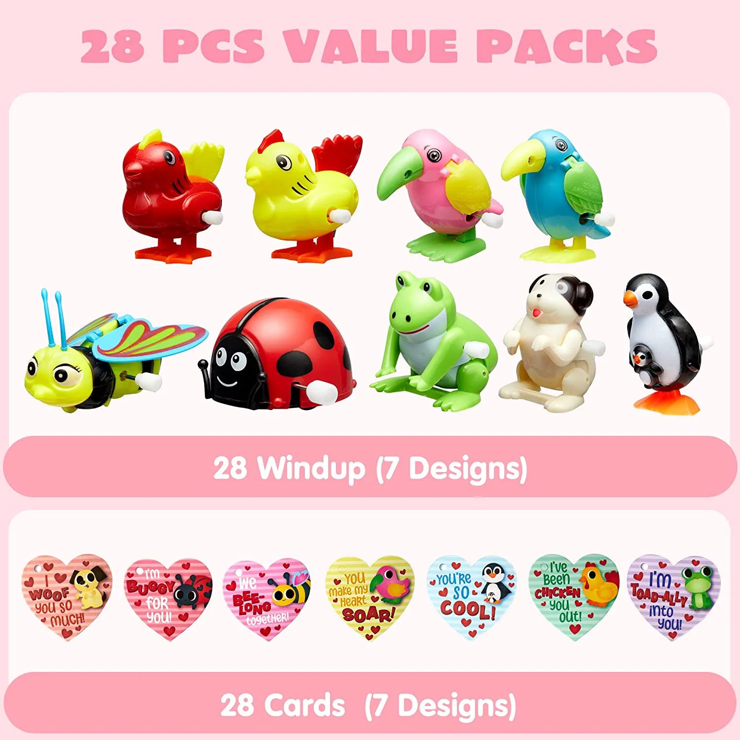 28-Pack Wind-Up Toys with Valentine's Day Cards for Kids' Party Favors