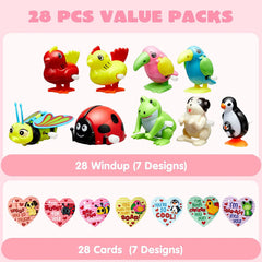 28-Pack Wind-Up Toys with Valentine's Day Cards for Kids' Party Favors